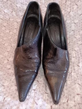 Donald J. Plinar Black Metalic  Pointed Leather Women's Slip-On With Metal Heels